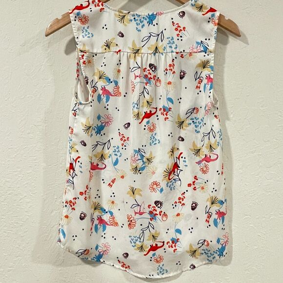 ~ ModCloth Sm Blouse Sleeveless Vneck Floral/Dinos/UFOs/Planets/Rockets Ltweight - Picture 11 of 14